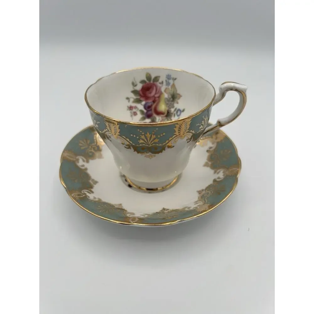 Vintage Paragon England‎ Floral Rose White Turquoise Tea Cup & Saucer Set
